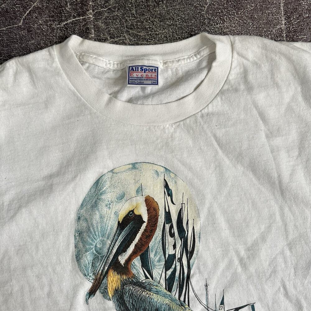 Men's Vintage 90's AllSport Pelican Sailboat Moon Graphic White T Shirt Tee Sz L - Picture 2 of 4